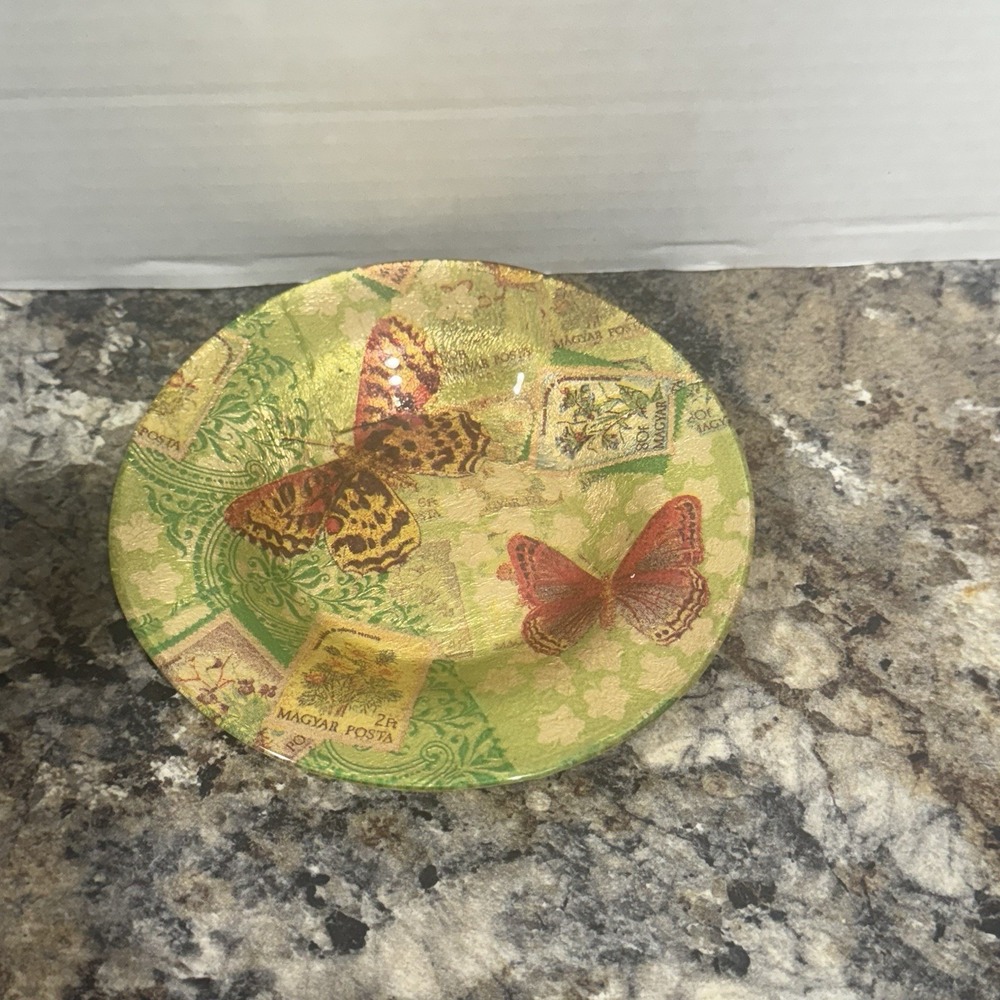 Vintage Art Glass Plate Butterflies Gold Unique rare